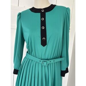 Vintage 80s Whirlaway Teal Black Pleated Dress Cottagecore Career Womens 8P